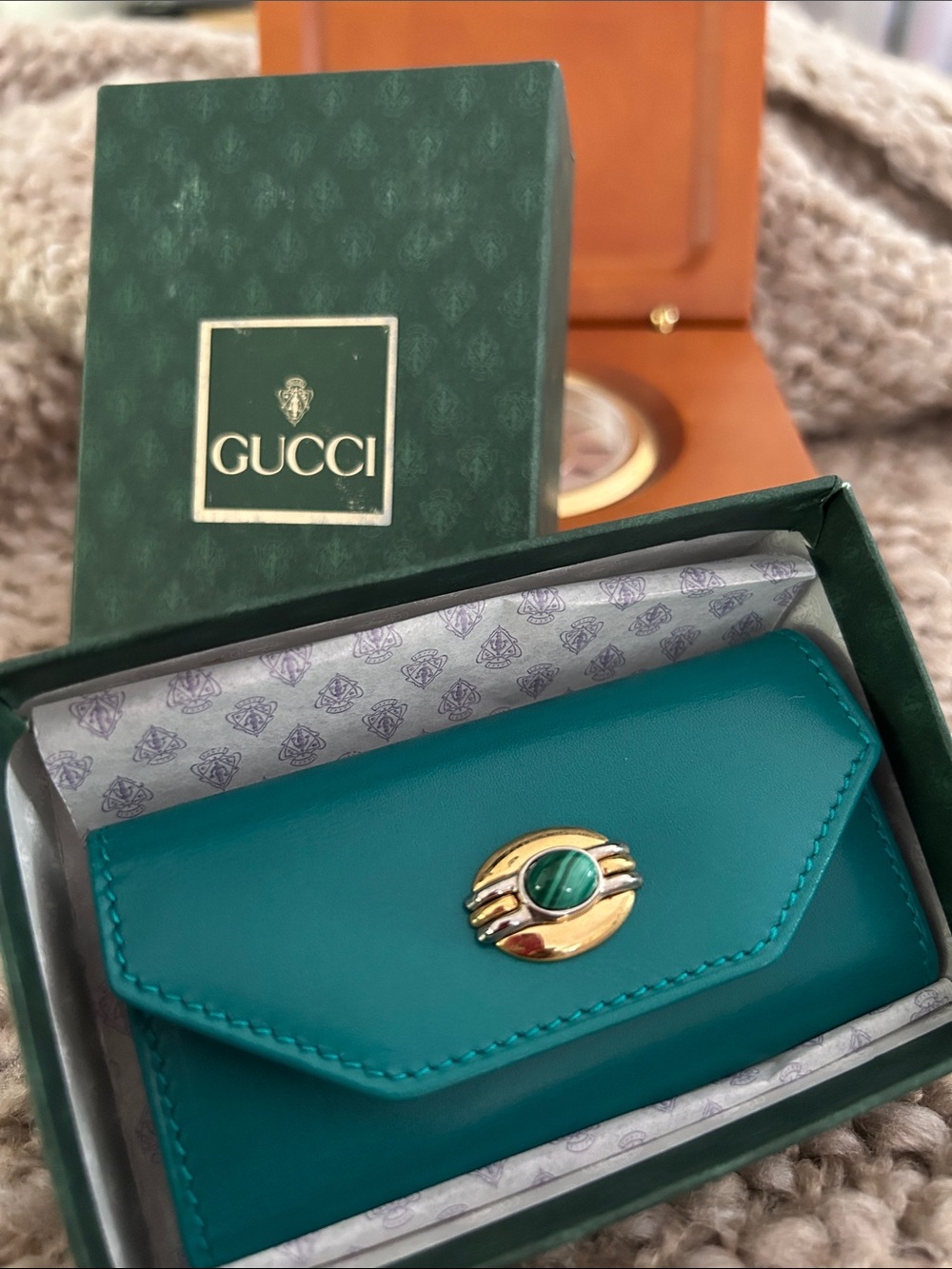 Gucci Authentic Teal Leather Key Holder with Gold and Green Stone Detail